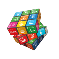Der Rubik-Würfel mit den Grafiken der Sustainable Development Goals der UN auf den Würfelflächen