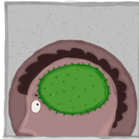 Zeichnung eines Menschenprofils, das Gehirn wurde durch einen grünen Coronavirus ersetzt . 