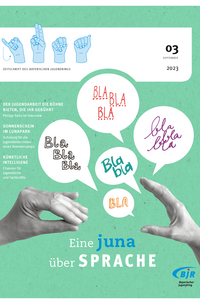 Das Cover der Zeitschrift juna zeigt Hände, die Gebärdensprache sprechen und bunte Spruchblasen mit blablabla.