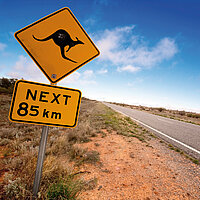 Im Vordergrund: gelber Schild mit einem Kanguru-Symbol und mit der Angabe unterhalb Next 85 km; in der Mitte eine Straße verliert sich in die Ferne