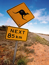 Im Vordergrund: gelber Schild mit einem Kanguru-Symbol und mit der Angabe unterhalb Next 85 km; in der Mitte eine Straße verliert sich in die Ferne