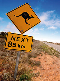 gelbes Schild mit einem Känguru-Symbol und mit der Angabe unterhalb Next 85 km; in der Mitte eine Straße verliert sich in die Ferne