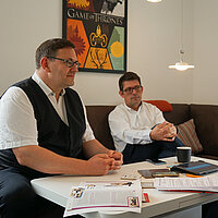 Cornelia Freund spricht im Interview mit BJR-Präsident Matthias Fack und BJR-Vizepräsident Michael Voss