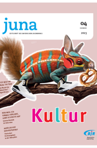 Das Cover der Jugendzeitschrift juna 4.23 zum Thema Kultur zeigt einen kunterbuntes Wolpertinger = ein Phantasietier