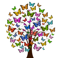 Ein grafischer Baum mit bunten Schmetterlingen als Blätter