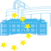Zeichnung des Gebäudes des EU-Parlaments, davor ein dreiviertel voller Kranz der EU-Sterne